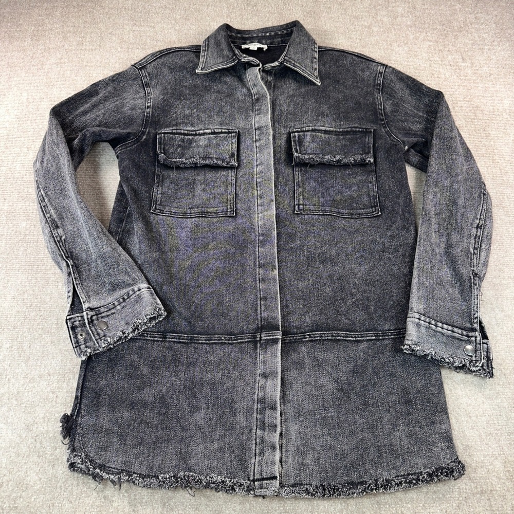 Umgee USA Black Acid Wash Denim Shacket Frayed Raw Hem Longline Small